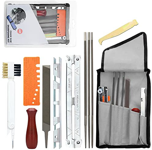Affuteuse de Tronçonneuse Professionnel Kit Affuteuse de Chaine Tronconneuse 11Pièces Kit Affutage Chaine Tronçonneuse avec Brosses,Limes Rondes,Lime Plate, Manche, Guide de Lime et Pochette