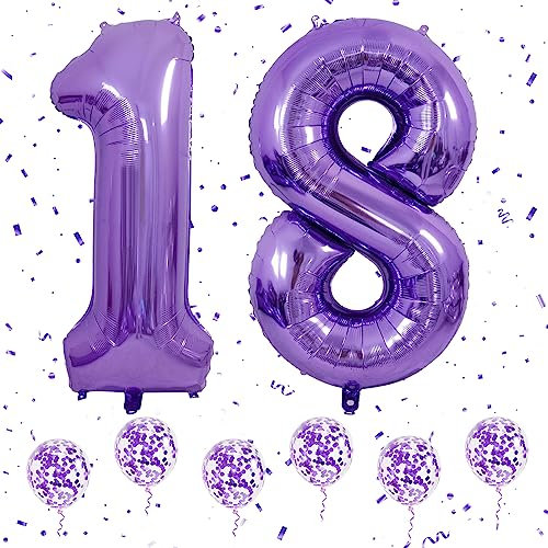 Palloncini Compleanno Numero 18 Viola, 40 Pollici Grandi Palloncini Numeri Elio con 6Pz Palloncini Coriandoli Viola per 18 81 Ragazzi Ragazze Compleanno Anniversario Decorazioni Festa