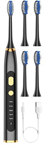 pistro Cepillo de dientes blanqueador, 5 modos, 15 días de uso, para niños, hombres y mujeres, recargable, 800 mAh, motor sónico con funda de viaje, color negro
