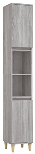 vidaXL Badschrank, Badezimmerschrank mit 6 Fächern 2 Türen, Badregal Schrank mit Holzbeinen, Hochschrank Aufbewahrungsschrank Badmöbel, Grau Sonoma Holzwerkstoff