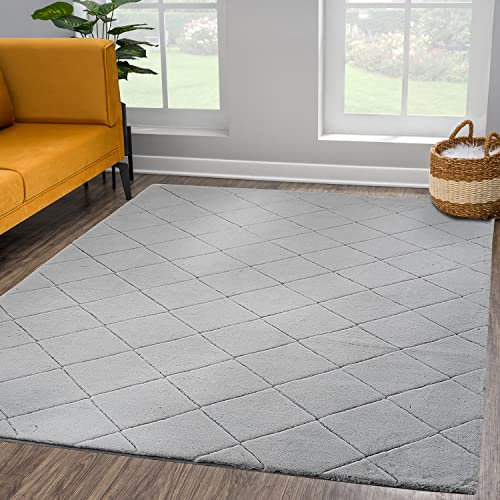 payé Teppich - Wohnzimmer Kuschwelweich 80x150cm Grau Silber Flauschig Karo Muster Modern Deko Teppiche Weich Schlafzimmer