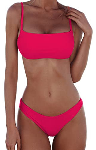 meioro Bikini Set Swimsuits for Women Low Waist Thong Swimwear Bathing Suits No Rims Swimming Costume (S,Bright Pink)