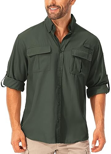 Hemd Herren Safari UPF50+ UV Schutz Wanderhemd Herren Langarm Funktionshemd Outdoorhemd Atmungsaktiv Schnelltrocknend Casual Button Down Shirts(5053 ArmyGreen XL)