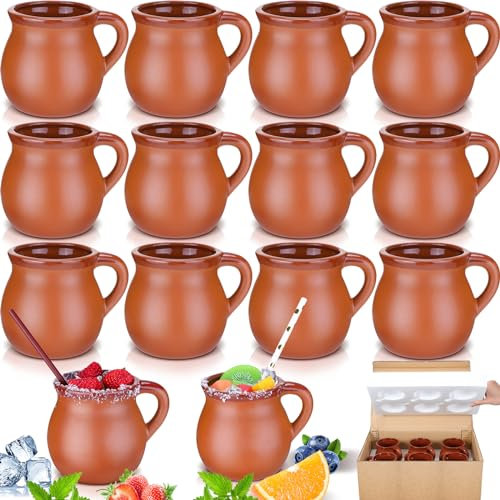 Gejoy Paquete de 12 tazas de terracota mexicana de 12 onzas con asas, tazas de café hechas a mano, vasos de cóctel y tazas de té para bebidas frías, bebidas calientes, decoración (clásica)