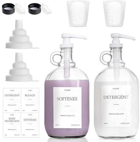2-Pack Half Gallon Glass Laundry Dispensers with Pump - 64oz Bottles for Detergent, Soap, Syrup, Juice - Includes Labels, Funnel, Measuring Cup