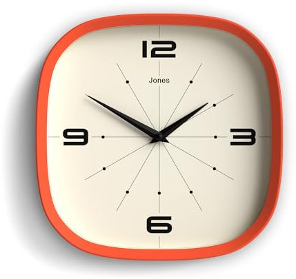 JONES CLOCKS® Pulsar wanduhr | Quadratische abgerundete retrouhr | 25cm | Orange | Cooler designerlook für küche, Wohnzimmer oder büro