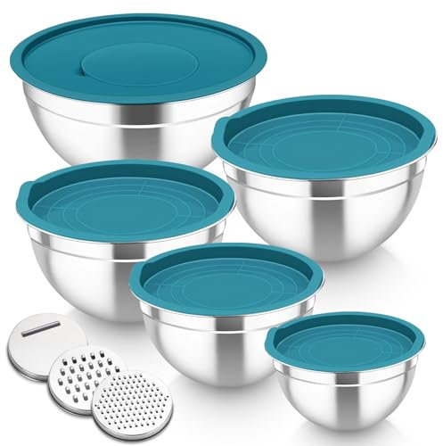 Homikit Mixing Bowls Set of 5, Stainless Steel Salad Bowls with Airtight Lids & 3 Grates, Metal Nesting Bowls for Mixing/Baking/Serving/Storing, Easy Clean - 0.7/1/1.5/2.6/4.6L (Dark Blue)