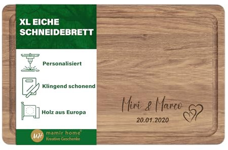Hochzeitsgeschenk personalisiert mit Name | XL Schneidebrett Holz | Hochzeitsgeschenke für Brautpaar | Jahrestag Geschenk für ihn sie | Eiche 40x25x2cm | Geburtstag Männer Frauen (Herzen)