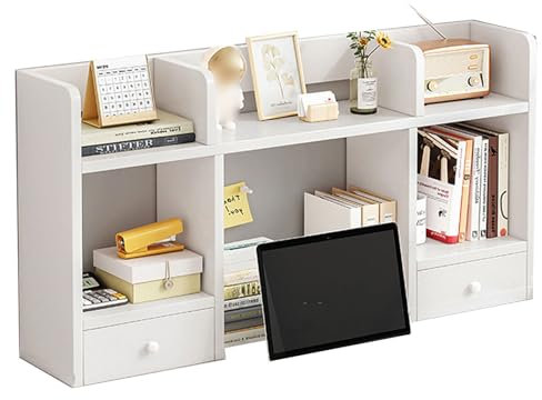 Desktop Bookshelf - Wooden Bookcase for Computer Desk, 3-Tier Storage Hutch with 5 Shelves Desktop Display Organizer Rack for Office Home Dorm