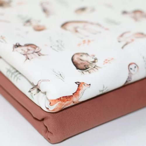 Baumwolljersey Motive für Jungs | Ökotex | ab 50 cm | Meterware | für Baby- und Kinderkleidung (Waldtiere)