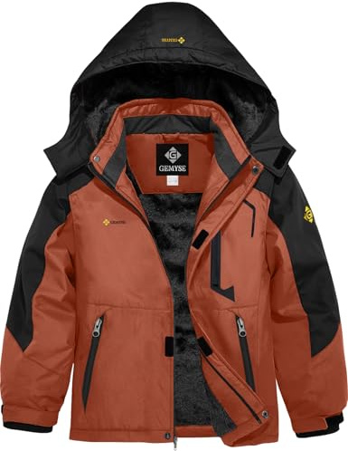 GEMYSE Veste de Ski Enfant Garçon Blouson Hiver Chaud avec Capuche Imperméable Coupe-Vent et Doublure Polaire(Noir et Brun Chêne,128-134)