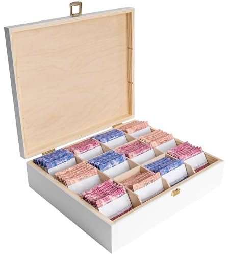 Creative Deco Scatola Porta Tè e Tisane in Legno Bianco | Porta Oggetti 12 Scomparti | 29x25x7.5cm +/-0.5cm | Portagioie, Te | Coperchio, Serratura, Divisori Rimovibili | Regalo Decoupage, Organizzare