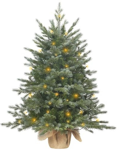 Árbol de Navidad preiluminado de 3 pies, árbol de Navidad artificial con 215 puntas de ramas mixtas de polietileno y PVC, 70 luces LED y base envuelta en arpillera para escritorio de mesa, funciona