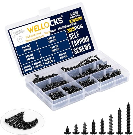 WELLOCKS Selbstschneidende Schrauben | 305 PCS M4 Schwarzes Oxid Edelstahl Schrauben Sortiment Kit | Rundkopf Pan Blechschrauben Holzschrauben Set Aufbewahrungsbox | für Reparatur (S305BKR)