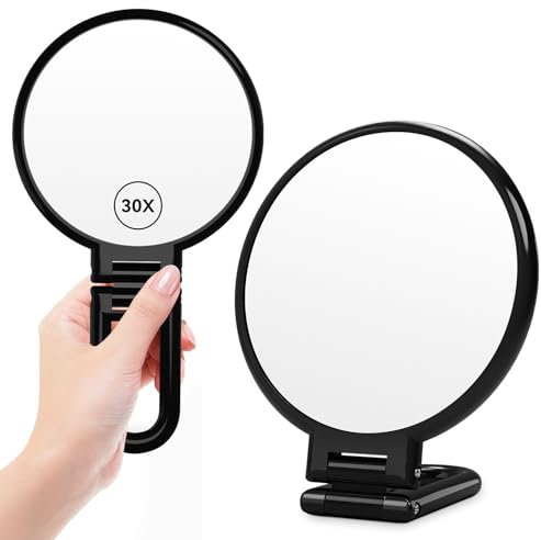 Auxmir Vergrößerungsspiegel 30X/1X Vergrößerung, Faltbar Kosmetikspiegel Handspiegel mit Griff, Doppelseitig Schminkspiegel 360° Drehbar, Tragbar Spiegel für Friseur, Rasieren, Makeup, Schwarz