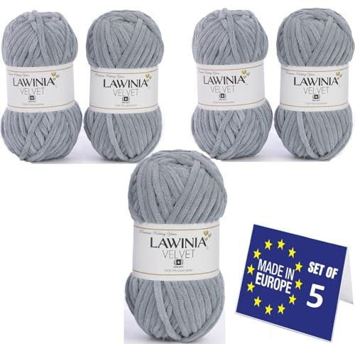 LAWINIA VELVET Premium Weiche Dicke Wolle Zum Häkeln, Chenille Wolle 5x100g-65m FUSSELT NICHT Flauschige Wolle, Samtwolle, Plüschwolle, Kuschelwolle Zum Häkeln Chenille Garn, Bulky Yarn Hobbii Wolle