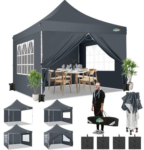 COBIZI Pavillon 3x3 Faltpavillon EZ Pop-Up Zelt mit 4 Seitenwänden, wasserdicht und UV 50 + Schutz für Camping, Partyzelt Gartenzelt klappbar 3x3m mit 4 Sandsäcken, Grau