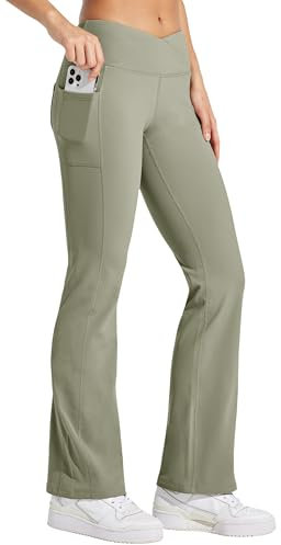 WILLIT Damen Thermo gefütterte Hosen Yogahose Bootcut Fleece Leggings Winter Warm Hose Flare Leggings Schlaghose Crossover Wasserdicht High Waist mit Taschen Graugrün L