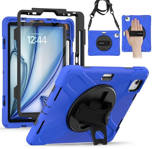 BRAECN para Funda iPad Air 11 Pulgadas 2025 M3/2024 M2, Carcasa Rugosa con Protector de Pantalla, Soporte de Rotación de 360°, Correa de Mano/Hombro, Portalápices, Azul