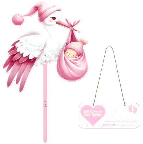 Kazaigou Storch Geburt für Draussen, Willkommen Zuhause Baby Storch, Willkommen Baby Wilkommensdeko Zuhause Baby, Storch Baby Holz Willkommen Baby Deko für Draussen & Drinnen(Rosa)