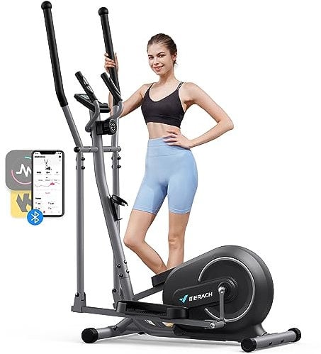 MERACH Crosstrainer für Zuhause, Ultraleise Elliptical Crosstrainer mit 16-stufiger Magnetwiderstand, Kardio Ellipsentrainer mit Pulssensor, LCD-Monitor, Tablet-Ständer, Leicht zu bewegen,bis zu 120KG