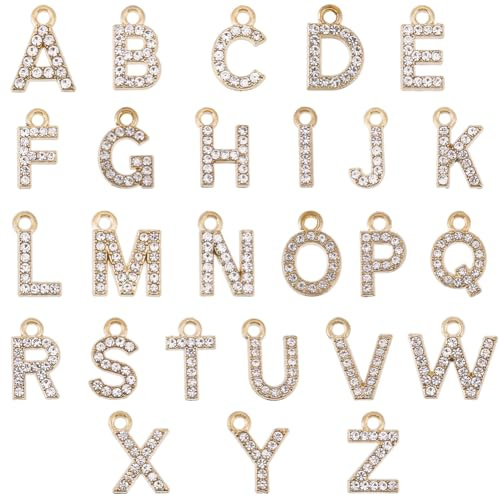 SUNNYCLUE 1 Scatola 26 Pezzi ciondolo con Lettere di Diamanti in Oro e Strass, ciondolo in Lega Dorata con Glitter, Alfabeto ABC Zirconi Cubici