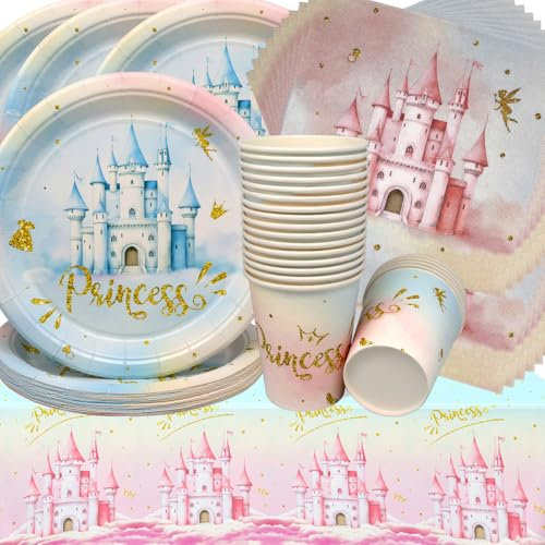 Stoviglie per Feste di Castello,Doyomtoy Principesse Compleanno Decorazioni Piatti di Compleanno, Tazze, Tovaglioli per Bambini Compleanno Fata 20 Ospiti