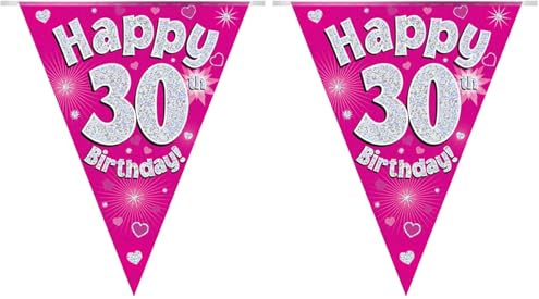 Party Bunting Happy 30th Birthday Pink Holographic 11 flags 3.9m (Pack of 2)