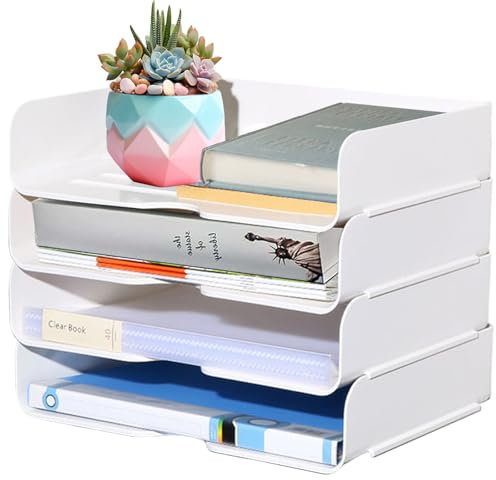 4 Paquete 4 Niveles Bandejas Papeles Apilables, Portadocumentos Escritorio Oficina, Soporte Papel A4, Archivador, Organizador Plástico para Documentos, Cartas, Recibos, Revistas, Suministros(Blanco)