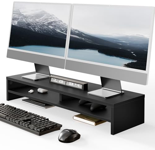 Fenge Dual Monitor Stand Riser 90cm, Computer Monitor Stand Para escritorio, Organizador de escritorio para PC / Laptop / Impresora / TV, 80 × 23.5 × 14.2cm, Carga de 25KG, Negro