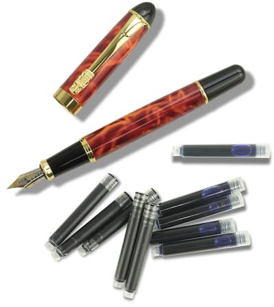 YUN CHUN Red Dragon Fountain Pen for Writing, Refillable Luxury Metal Pens, Fancy Ink Pen with 5 Black and 5 Blue Ink Refills, Gift Sets for Men and Women, Business Writing Pen with Marble Grain