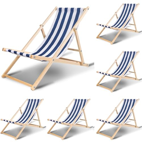 Ollewiellan 6er Set Liegestuhl Klappbar Holz Blaue und weiße Strandstuhl Holz,Gartenliege Holz bis 120kg,Verstellbar & Wetterfest Holzklappstuhl Strandliege für Patio Balkon Strand