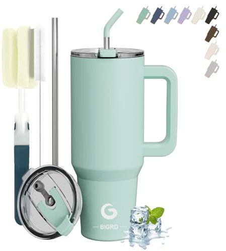 BIGRD 40 oz Stainless Steel Vacuum Insulated Thermal Mug, Double-Walled Leak-Proof Car Cup with 2 Straws & Locking Lid, Dishwasher Safe BPA-Free, Coffee Mug for Cold and Hot (Seafoam)