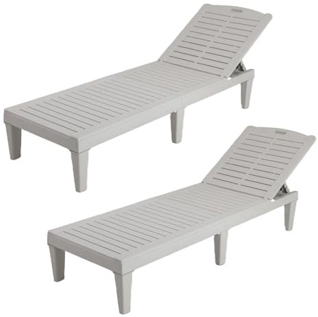 GIANTEX Juego de 2 Tumbonas de Exterior, Sillas Reclinables de Plástico con Respaldo Ajustable en 5 Posiciones, Carga hasta 160 kg, Tumbonas Impermeables para Jardín, Patio, Playa, Piscina (Blanco)