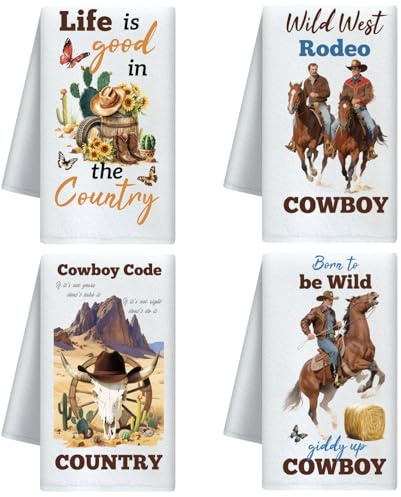 CUTHOLLOW 4er-Set Geschirrtücher mit Cowboy und Pferd Motiv | Weich & Saugfähig- Deko Geschirrtuch 60x40 cm, Trockentücher Microfaser für Küche, Kaffee, Bar, Neues Geschenk für frauen
