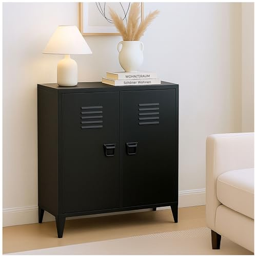 osoltus Spindschrank Industriedesign 2 Türen magnetisch | Büroschrank Metall 80 x 40 x 90 (LBH) schwarz Lüftungsgitter | Industrial Wohnen 2 Regalböden