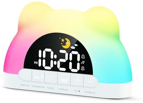 Kinderwecker,Beautiebeam Wecker Digital für Mädchen Jungen,OK zum Aufwachen der Plug-In Kinder Wecker,Schlaftrainer für gesunde Routinen,RGB Licht in 11 Farben,10 Soundeffekten,Dual Alarm,Snooze,12/24