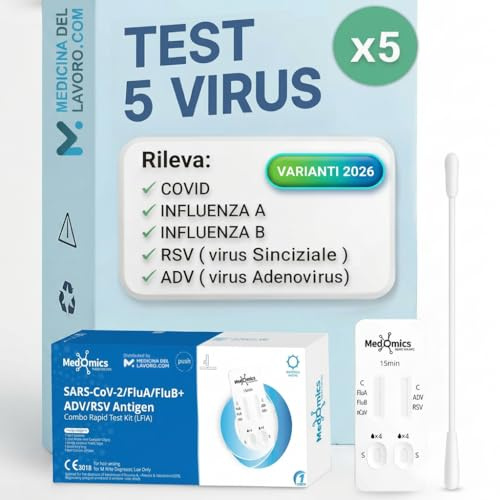 5 x Test Combo 5in1, Tamponi rapido covid 19 varianti 2026 + Influenza A o B + Virus RSV Sinciziale + Virus ADV Virus respiratorio Adenovirus, Test rapido Adulti e bambini, 5 pz