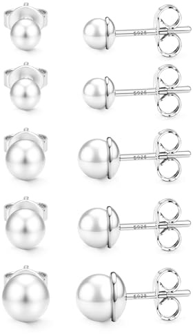 Morfetto 5 Paar Ohrringe Silber 925 Hypoallergene Ohrstecker Set Damen - Kleine 14K Gold Vergoldet Ohrstecker Zirconia Kugel Herz Blumen Perlen Ohrringe Silber 925 Stecker Schmuck Geschenke