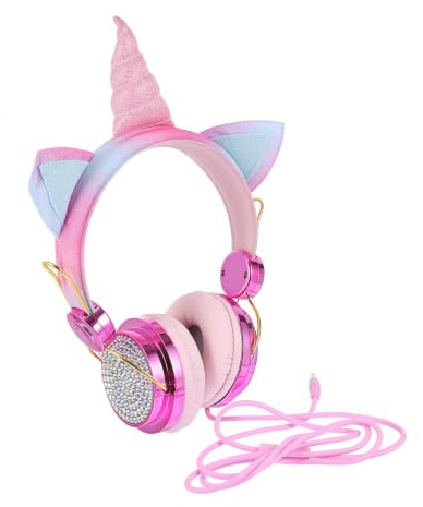 OSOLADY Golden Abs Cartoon over Ear Headset with Volume Control 3.5mm | Cat Ear Shape, Unicorn Horn Styling, 1.2m Lead for Computers and Smartphones, School Season Decor