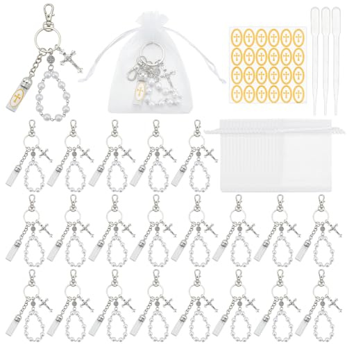 OLYCRAFT 24 Sets Holy Water Bottle Keychain with 3ml Dropper Holy Water Rosary Bead Keychain with Alloy Cross Pendant Empty Glass Bottle with Cross Empty Container for Travel Wedding Party Favor