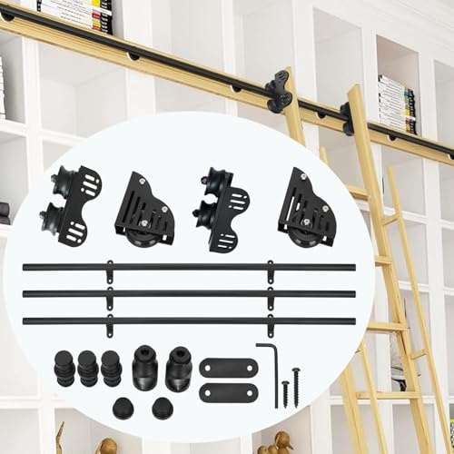 Sliding Library Ladder Hardware, Carbon Steel Material, Sliding Ladder Rail Track Kit with Floor Roller Wheels and Brake, Easy to Install, Ladder Rail Hardware (10ft/3m Track Kit)