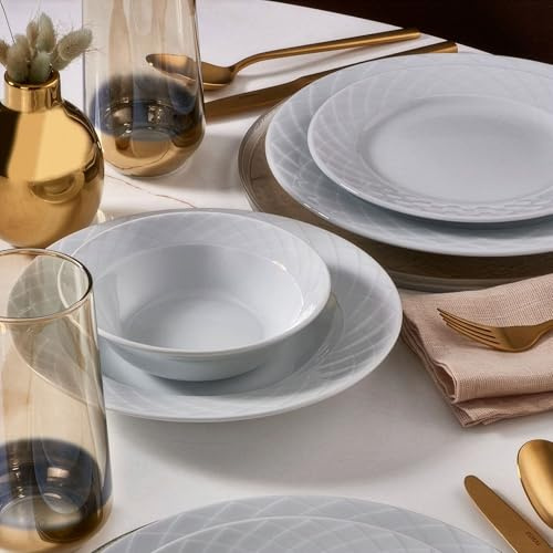 Elegante juego de vajilla de 36 piezas, 100% porcelana, color blanco, incluye platos, cuencos, platos y esparcidores, apto para lavavajillas y microondas