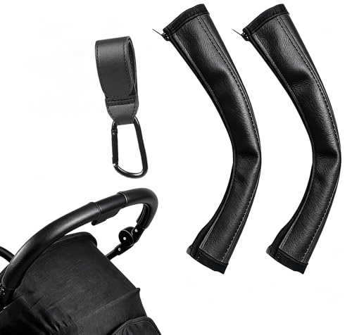 2 Stück Kinderwagen Griffbezug Handle Cover 1 Kinderwagenhaken | Pu Leder Schiebegriff Abdeckung Schutzhülle für Buggy Armlehne Trolley Griff Kinderwagen Zubehör