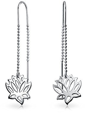 Boucles D'Oreilles Longues Et Linéaires En Forme De Fleur De Lys Ouverte Style Bouddhiste Zen Pour Femmes Adolescentes Et Yogi En Argent Sterling .925