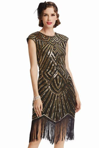 BABEYOND Damen Kleid voller Pailletten 20er Stil Runder Ausschnitt Inspiriert von Great Gatsby Kostüm Kleid (S (Fits 68-78 cm Waist & 86-96 cm Hips), Gold und Schwarz)