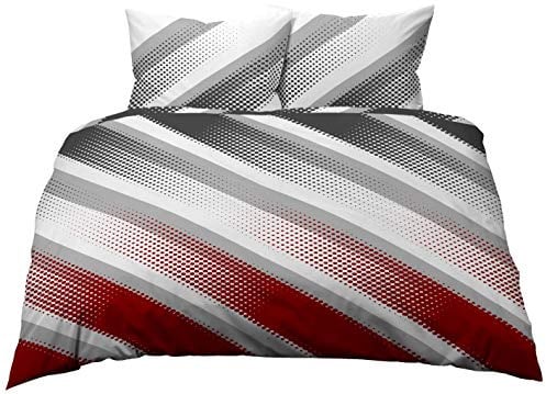 Gerald Wittmann 3 TLG. Bettwäsche 200x200 cm + 70x90 cm, Baumwolle Satin, Modern Weiß Grau Rot