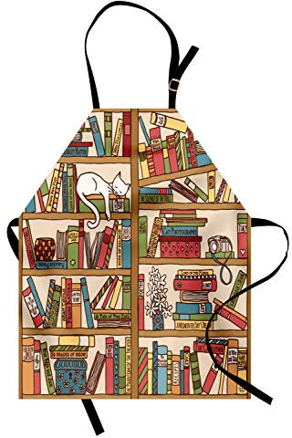 ABAKUHAUS Katze Kochschürze, Kitty Bücherregal in Bibliothek Gemütlichkeit Bücher Cartoon Skizze Illustration, Höhenverstellbar Klare Farben ohne verblassen, Braun Rubin