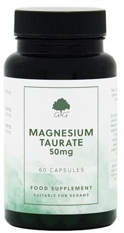 Magnesium Taurate 50mg - 60 Vegan Capsules, Highly Absorbable Chelated Magnesium with Taurine for Reduction of Tiredness and Fatigue - Made in The UK - G&G Vitamins