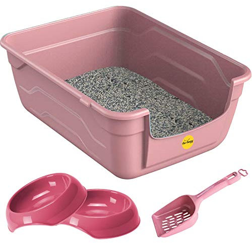 CAT CENTRE Pink Large Cat Open Litter Tray Box +2x 0.35L Bowls +Waste Scoop Set High Sided Deep Toilet Loo Adult Cats Kitten Pan Pet Loo Easy Cleaning Lowered Entry Step 11.5cm Easy Access Bowl Trays